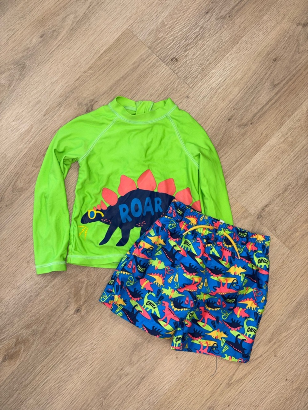 Joe Fresh Neon Green Dinosaur Rashguard with Blue Dino Swim Shorts